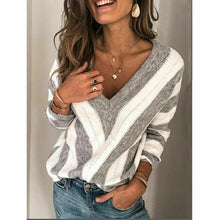 Load image into Gallery viewer, Women Blouse 2020 Spring Autumn V Neck Long Sleeve Striped Knitted wear Loose Knit Pullover Sexy Jumper Tops Female Clothing