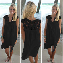 Load image into Gallery viewer, Lace Patchwork Dress Summer Beach Vacation Solid Women Dress Sexy V Neck Sleeveless Hollow Out Loose Dress White Lady Mini Dress
