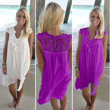 Load image into Gallery viewer, Lace Patchwork Dress Summer Beach Vacation Solid Women Dress Sexy V Neck Sleeveless Hollow Out Loose Dress White Lady Mini Dress