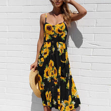 Load image into Gallery viewer, JH Sleeve Floral Print Ethnic Summer Beach Female Split Stylish Style women dress Sleeveless V-Neck Spaghetti Strap Beach dress
