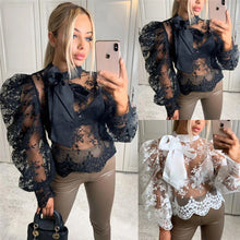 Load image into Gallery viewer, Women Sexy Lace Crochet Sheer Mesh Long Puff Sleeve Shirt Blouse Crop Tops See Through Bowknot Shirt Outwear Loose Casual Blouse
