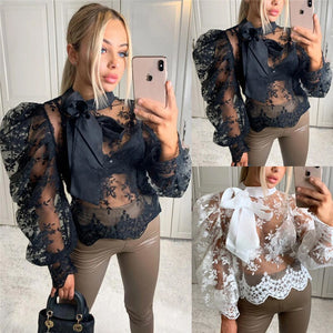 Women Sexy Lace Crochet Sheer Mesh Long Puff Sleeve Shirt Blouse Crop Tops See Through Bowknot Shirt Outwear Loose Casual Blouse