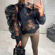 Load image into Gallery viewer, Women Sexy Lace Crochet Sheer Mesh Long Puff Sleeve Shirt Blouse Crop Tops See Through Bowknot Shirt Outwear Loose Casual Blouse
