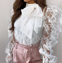 Load image into Gallery viewer, Women Sexy Lace Crochet Sheer Mesh Long Puff Sleeve Shirt Blouse Crop Tops See Through Bowknot Shirt Outwear Loose Casual Blouse
