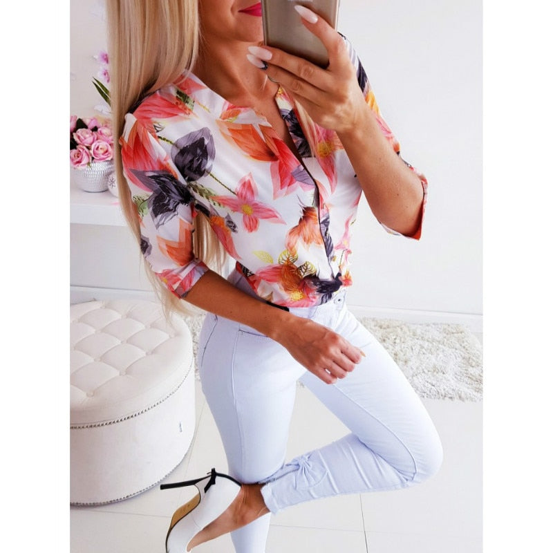 Women Long Half Sleeve Loose Shirts Shirt OL Clothes Plain Casual Button Blouse Office Lady Summer Chiffon Shirts