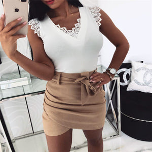 Oufisun Summer Sexy  Blouses Deep V-Neck Lace Shirts Bandage Sleeveless Patchwork Women Blouse Women Shirts Casual Solid Shirts