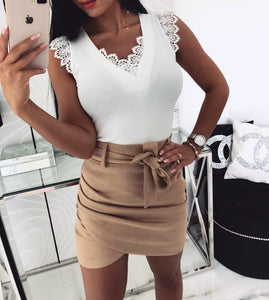 Oufisun Summer Sexy  Blouses Deep V-Neck Lace Shirts Bandage Sleeveless Patchwork Women Blouse Women Shirts Casual Solid Shirts