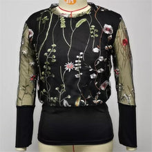 Load image into Gallery viewer, New Mesh Sleeve Blouse shirts  Embroidery Floral Sheer Women 2020 Spring patchwork pullovers Elegant sexy see through tops
