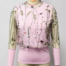 Load image into Gallery viewer, New Mesh Sleeve Blouse shirts  Embroidery Floral Sheer Women 2020 Spring patchwork pullovers Elegant sexy see through tops
