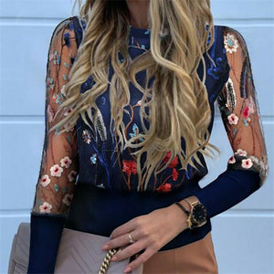 New Mesh Sleeve Blouse shirts  Embroidery Floral Sheer Women 2020 Spring patchwork pullovers Elegant sexy see through tops