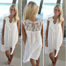 Load image into Gallery viewer, Lace Patchwork Dress Summer Beach Vacation Solid Women Dress Sexy V Neck Sleeveless Hollow Out Loose Dress White Lady Mini Dress
