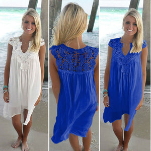 Lace Patchwork Dress Summer Beach Vacation Solid Women Dress Sexy V Neck Sleeveless Hollow Out Loose Dress White Lady Mini Dress