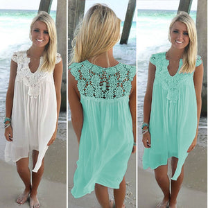 Lace Patchwork Dress Summer Beach Vacation Solid Women Dress Sexy V Neck Sleeveless Hollow Out Loose Dress White Lady Mini Dress