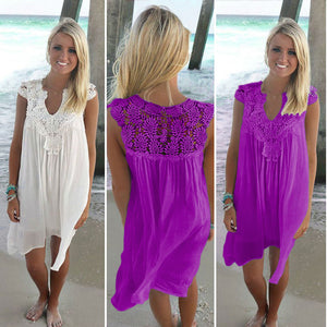 Lace Patchwork Dress Summer Beach Vacation Solid Women Dress Sexy V Neck Sleeveless Hollow Out Loose Dress White Lady Mini Dress