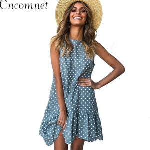 Women Summer Dress Fashion Polka Dot Dress Sleeveless Beach Mini Dress Casual Printed Short Loose Blue Sundress New Arrival