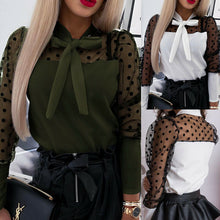 Load image into Gallery viewer, Fashion Womens Mesh Long Puff Sleeve Polka Dot Printed Bow knot Blouse Shirts
