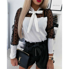 Load image into Gallery viewer, Fashion Womens Mesh Long Puff Sleeve Polka Dot Printed Bow knot Blouse Shirts
