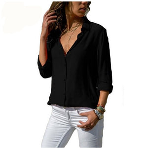 Lossky Women Tops Blouses 2018 Autumn Elegant Long Sleeve Solid V-Neck Chiffon Blouse Female Work Wear Shirts Blouse Plus Size