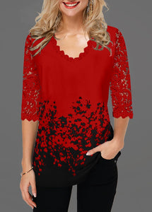 Women V Neck Blouse Shirt Half Sleeve Print Floral Spring Pullover Plus Size 5XL Hollow Out Lace Female Casual Shirt