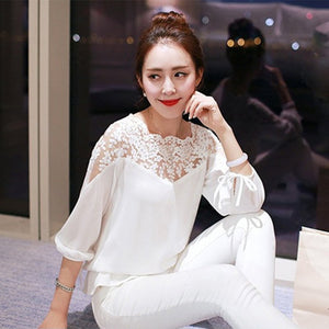 Casual Chiffon Long Sleeve Lace Black White Shirts Fashion Women Summer Loose Tops Blouse