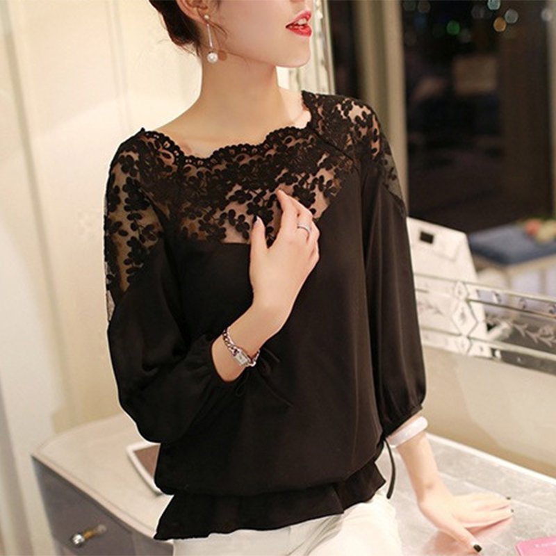 Casual Chiffon Long Sleeve Lace Black White Shirts Fashion Women Summer Loose Tops Blouse