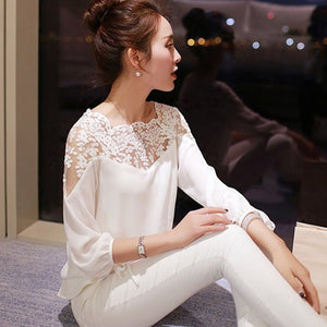 Casual Chiffon Long Sleeve Lace Black White Shirts Fashion Women Summer Loose Tops Blouse