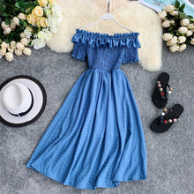 Load image into Gallery viewer, OCEANLOVE Women Summer Dresses Plaid Slash Neck Off Shouder Solid Vestidos 2020 Ruffles A-line High Waist Dress Robe Femme 11767
